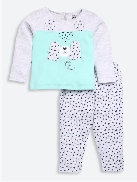 

TAMBOURINE Girls Grey & Turquoise Blue Printed Pure Cotton T-shirt with Pyjamas