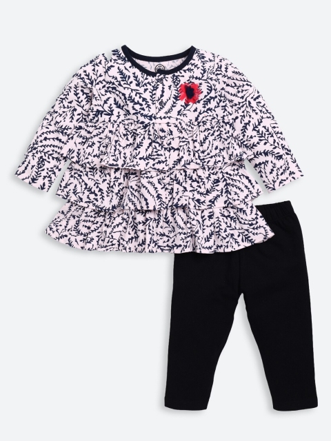 

TAMBOURINE Girls Navy Blue & White Printed Pure Cotton Top with Pyjamas