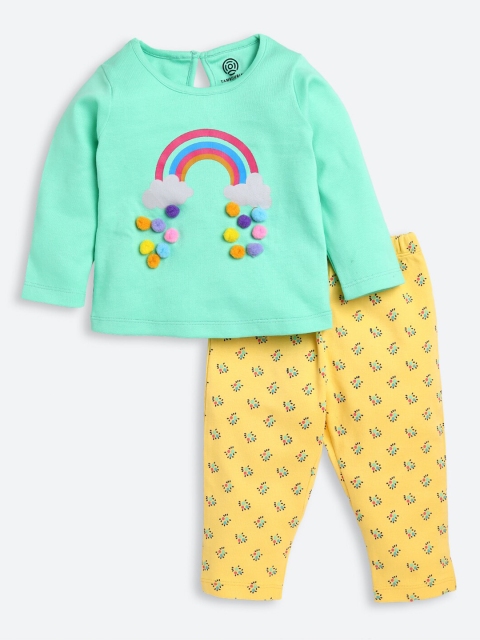 

TAMBOURINE Girls Green & Yellow Printed Pure Cotton T-shirt with Pyjamas