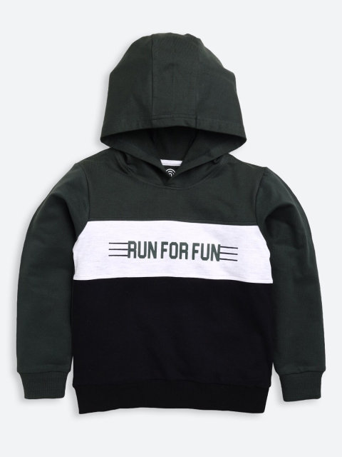 

TAMBOURINE Boys Green Colourblocked Hooded Cotton Sweatshirt