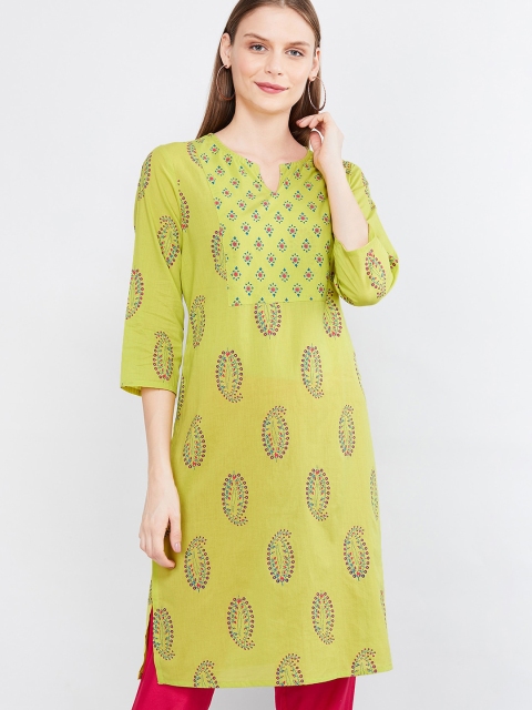 

max Women Lime Green & Red Ethnic Motifs Printed Pure Cotton Keyhole Neck Kurta