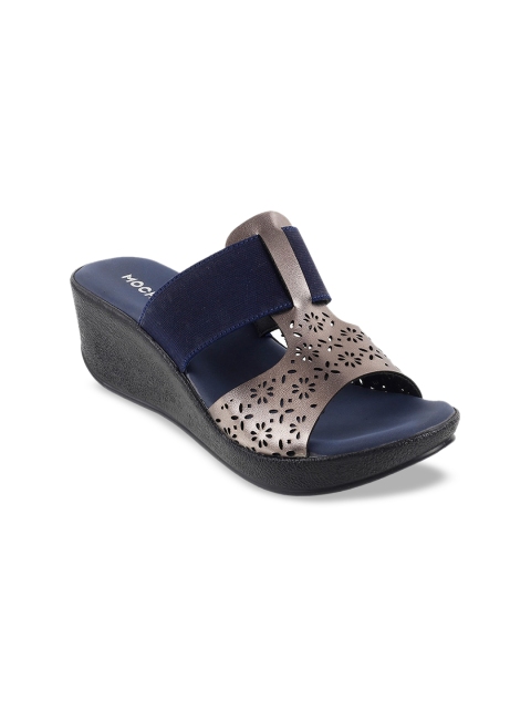 

Mochi Navy Blue & Gunmetal-Toned Embellished Wedge Sandals with Laser Cuts
