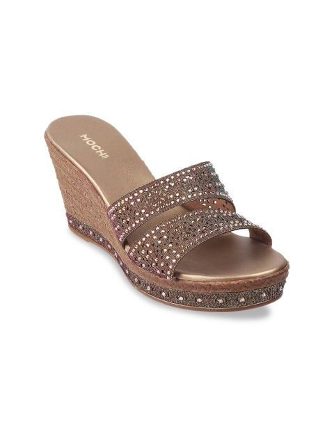 

Mochi Brown & Gold-Toned Embellished Party Wedge Sandals