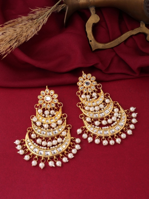 

VIRAASI Gold-Toned & White Crescent Shaped Chandbalis Earrings