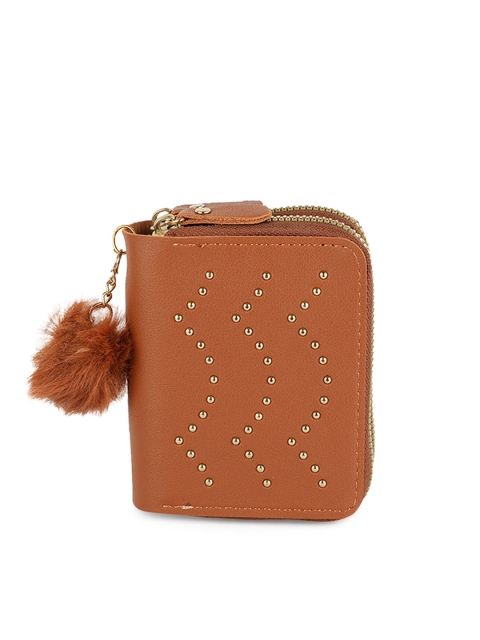 

ZEVORA Women Brown & Gold-Toned Textured Zip Around Wallet