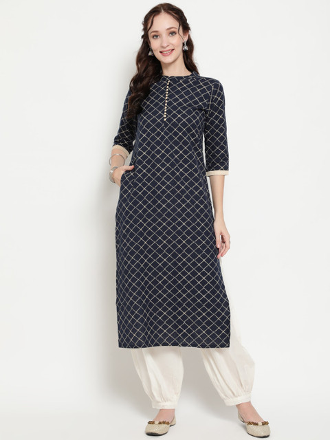 

antaran Women Navy Blue & Cream-Coloured Geometric Printed Straight Kurta