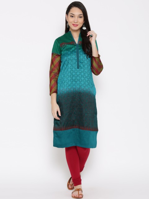 

Biba Women Turquoise Blue & Green Printed Straight Kurta