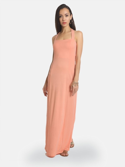 

AARA Orange Solid Halter Neck Maxi Dress