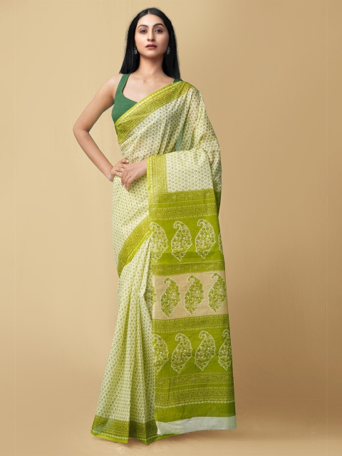 

Unnati Silks Green & Cream-Coloured Ethnic Motifs Block Print Saree