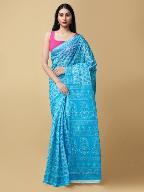 

Unnati Silks Blue & White Floral Silk Cotton Chanderi Saree
