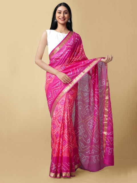 

Unnati Silks Pink & Orange Bandhani Zari Pure Silk Bandhani Saree