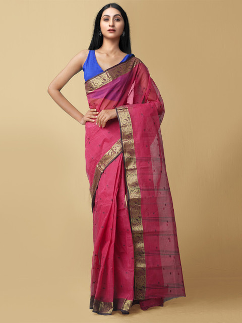 

Unnati Silks Purple & Blue Woven Design Pure Cotton Taant Saree