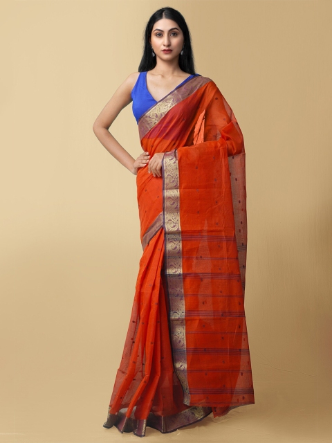 

Unnati Silks Red & Gold-Toned Pure Cotton Bengal Taant Saree