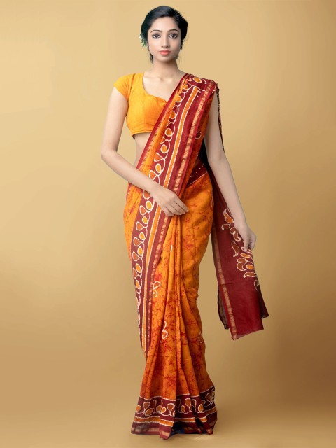 

Unnati Silks Orange & Maroon Batik Zari Silk Cotton Chanderi Saree
