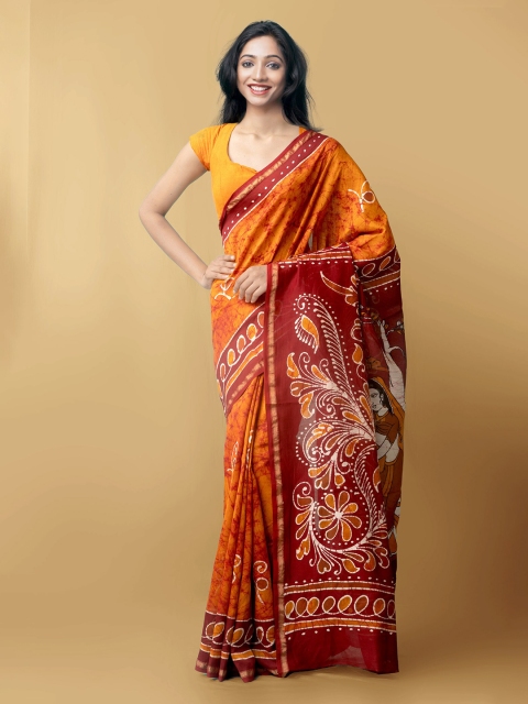 

Unnati Silks Orange & Maroon Batik Zari Silk Cotton Chanderi Saree