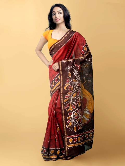 

Unnati Silks Red & Brown Batik Zari Silk Cotton Chanderi Saree