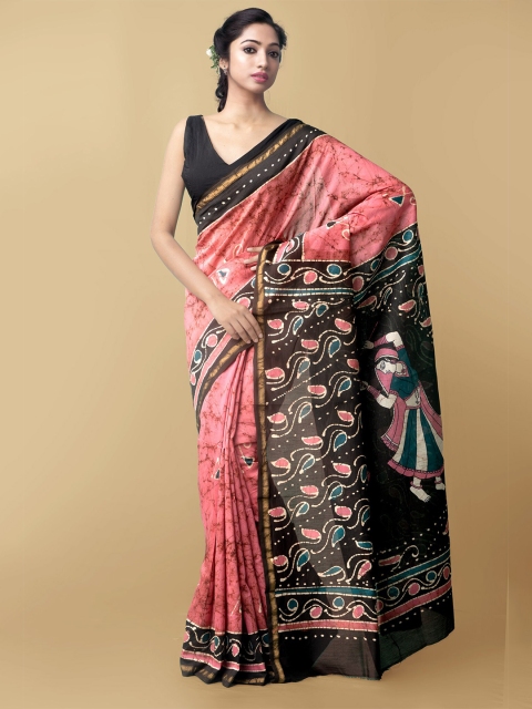 

Unnati Silks Pink & Black Batik Zari Silk Cotton Chanderi Saree
