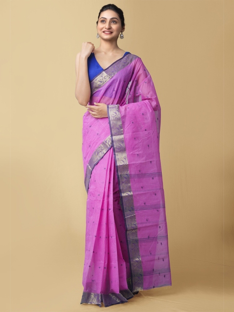 

Unnati Silks Purple & Blue Woven Design Pure Cotton Taant Saree
