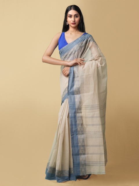 

Unnati Silks Grey & Blue Pure Cotton Taant Saree