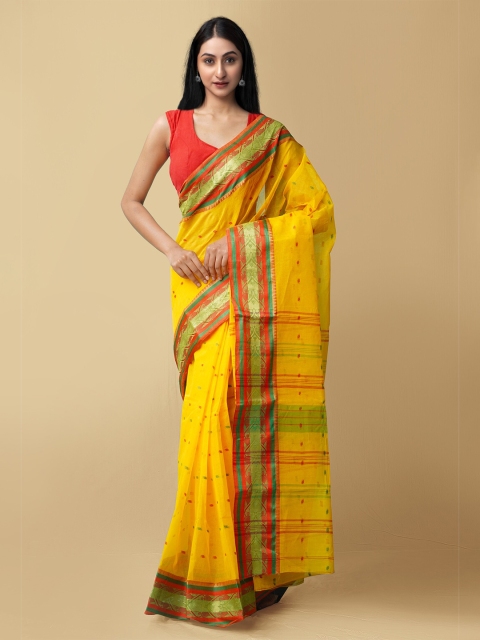 

Unnati Silks Yellow & Red Ethnic Motifs Zari Pure Cotton Bengal Taant Saree