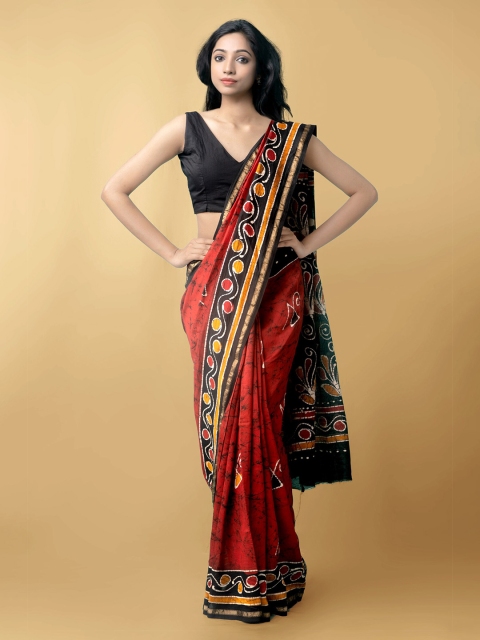 

Unnati Silks Red & Black Batik Zari Silk Cotton Chanderi Saree