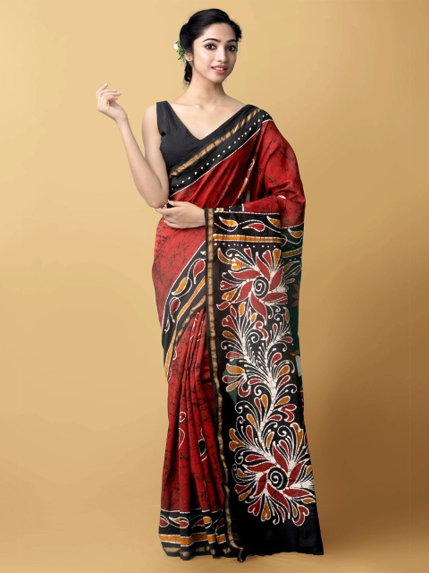 

Unnati Silks Red & White Batik Zari Silk Cotton Chanderi Saree