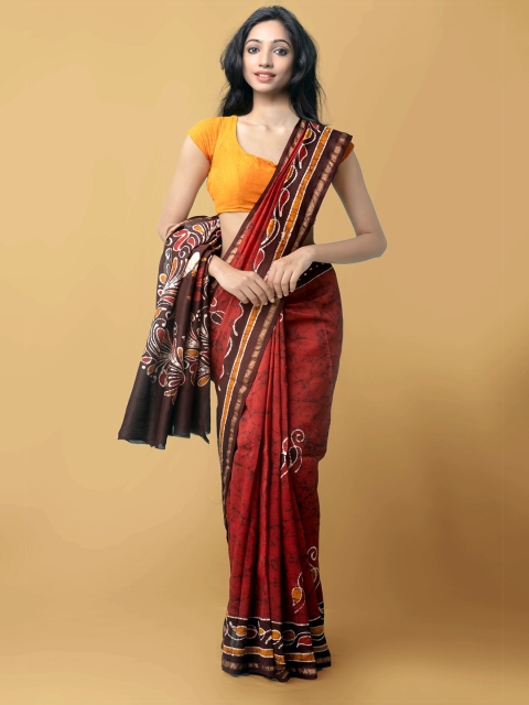 

Unnati Silks Red & Black Batik Zari Silk Cotton Chanderi Saree