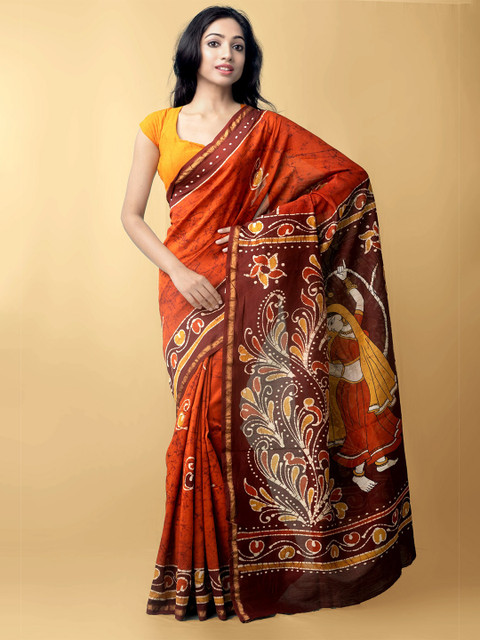 

Unnati Silks Orange & Brown Batik Zari Silk Cotton Chanderi Saree