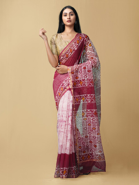 

Unnati Silks Off White & Maroon Batik Zari Pure Cotton Kota Saree