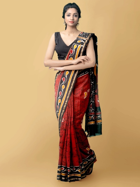 

Unnati Silks Red & Black Batik Zari Silk Cotton Chanderi Saree
