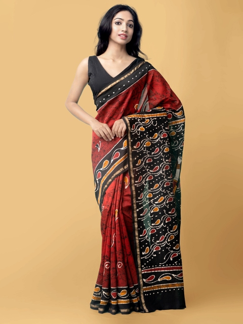 

Unnati Silks Red & Black Ethnic Motifs Zari Silk Cotton Chanderi Saree