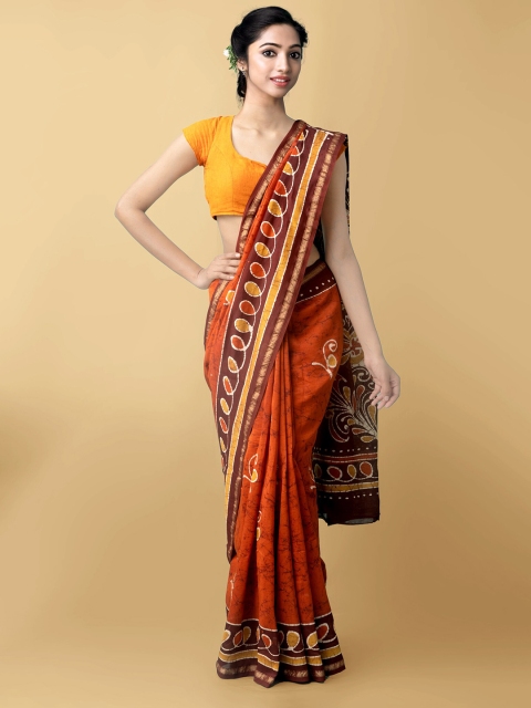 

Unnati Silks Orange & Yellow Batik Zari Silk Cotton Chanderi Saree
