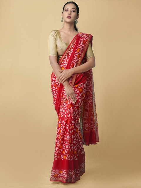 

Unnati Silks Red & White Batik Zari Pure Cotton Kota Saree