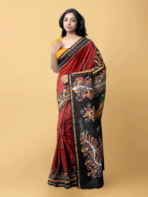 

Unnati Silks Red & Black Batik Zari Silk Cotton Chanderi Saree