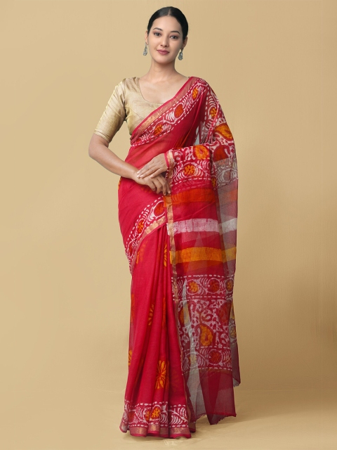 

Unnati Silks Red & White Batik Zari Pure Cotton Kota Saree