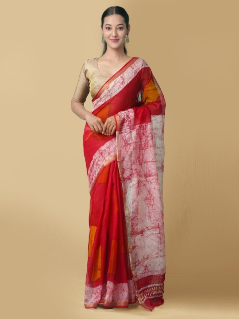 

Unnati Silks Red & White Batik Zari Pure Cotton Kota Saree