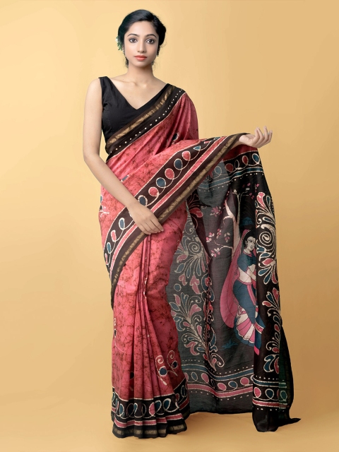 

Unnati Silks Pink & White Batik Zari Silk Cotton Chanderi Saree