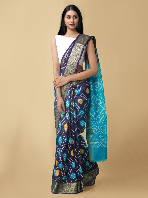 

Unnati Silks Blue & White Bandhani Zari Silk Cotton Bandhani Saree
