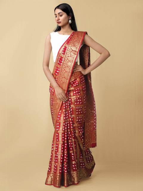 

Unnati Silks Maroon & Gold-Toned Woven Design Zari Silk Cotton Bandhani Saree