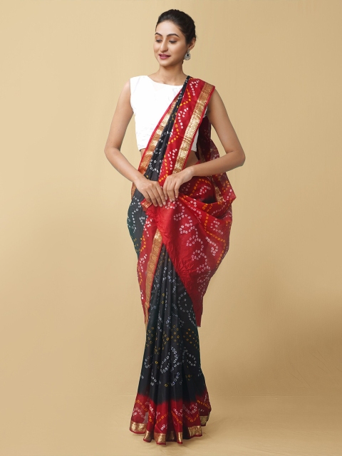 

Unnati Silks Black & Red Bandhani Zari Pure Silk Bandhani Saree