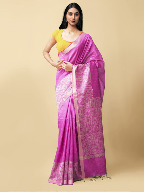 

Unnati Silks Pink & White Ethnic Motifs Linen Blend Mysore Silk Saree
