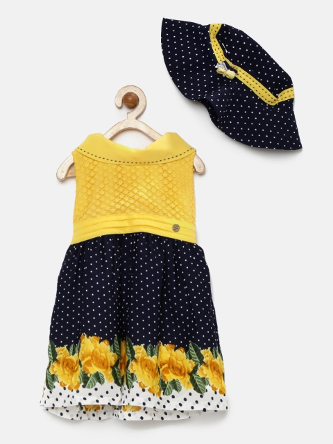 

Peppermint Girls Navy & Yellow Printed Fit & Flare Dress with Hat, Navy blue