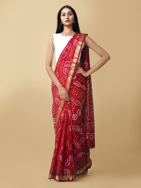 

Unnati Silks Maroon & Yellow Bandhani Zari Pure Silk Bandhani Saree