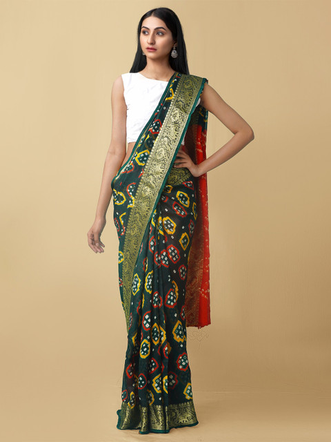 

Unnati Silks Green & Yellow Bandhani Zari Silk Cotton Bandhani Saree