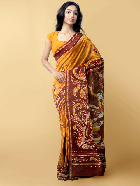 

Unnati Silks Yellow & Maroon Batik Zari Silk Cotton Chanderi Saree