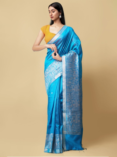 

Unnati Silks Blue & Silver-Toned Ethnic Motifs Linen Blend Mysore Silk Saree