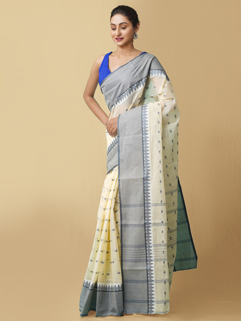 

Unnati Silks Cream-Coloured & Blue Woven Design Pure Cotton Taant Saree