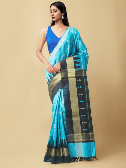 

Unnati Silks Blue & Gold-Toned Woven Design Zari Linen Blend Mysore Silk Saree