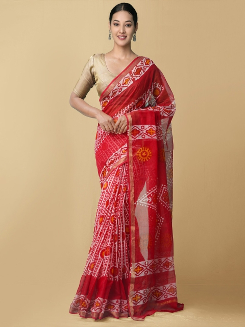 

Unnati Silks Red & White Batik Zari Pure Cotton Kota Saree