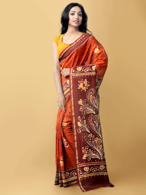 

Unnati Silks Orange & Maroon Batik Zari Silk Cotton Chanderi Saree